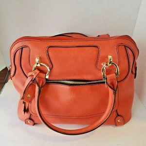 London Fog Vegan Leather Handbag Satchel Double Strap Orange Pockets Logo Hanger